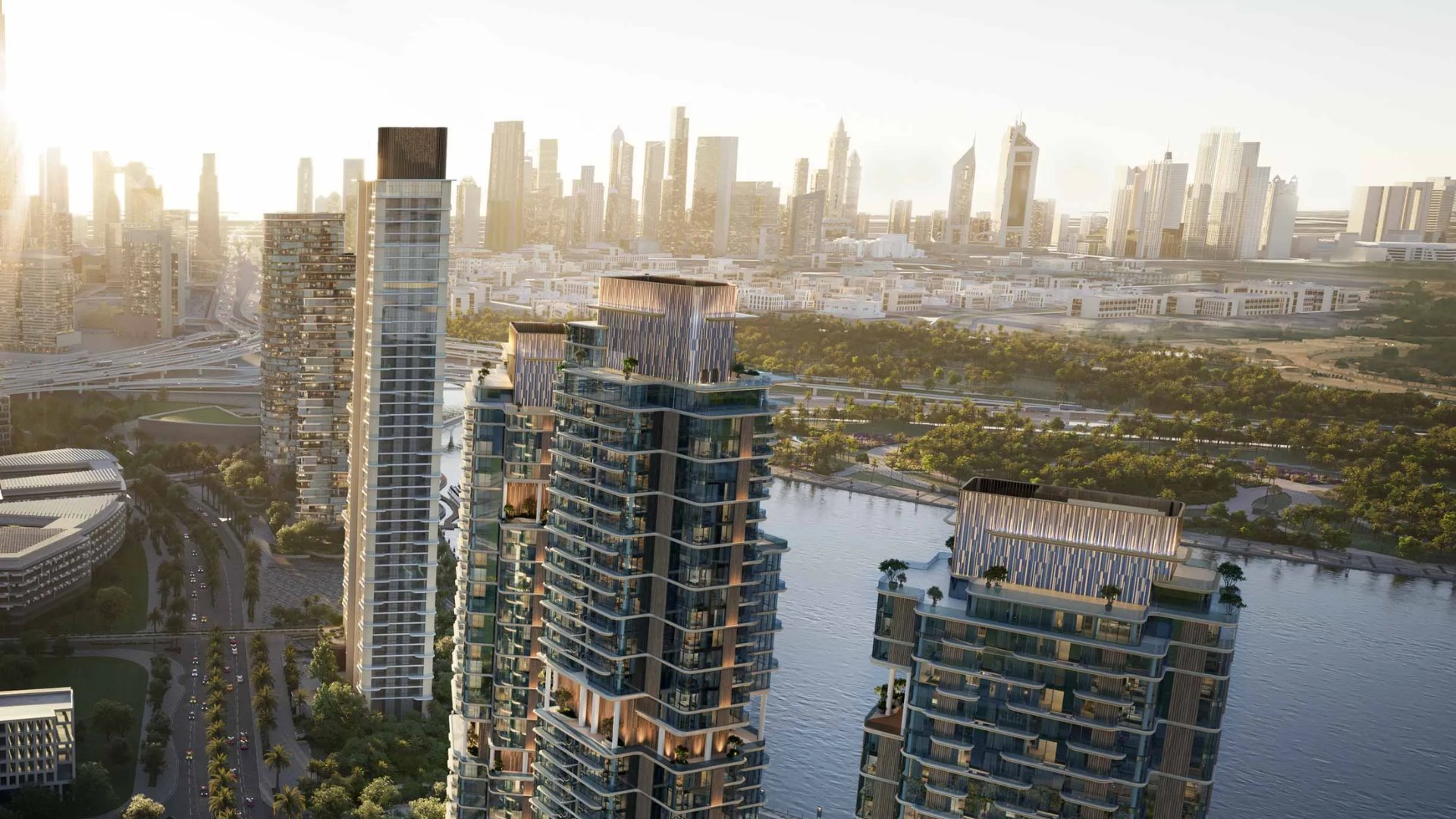 Vertical amenity park levels of The Edit at d3, showing gyms, basketball courts, and the running track overlooking the city.