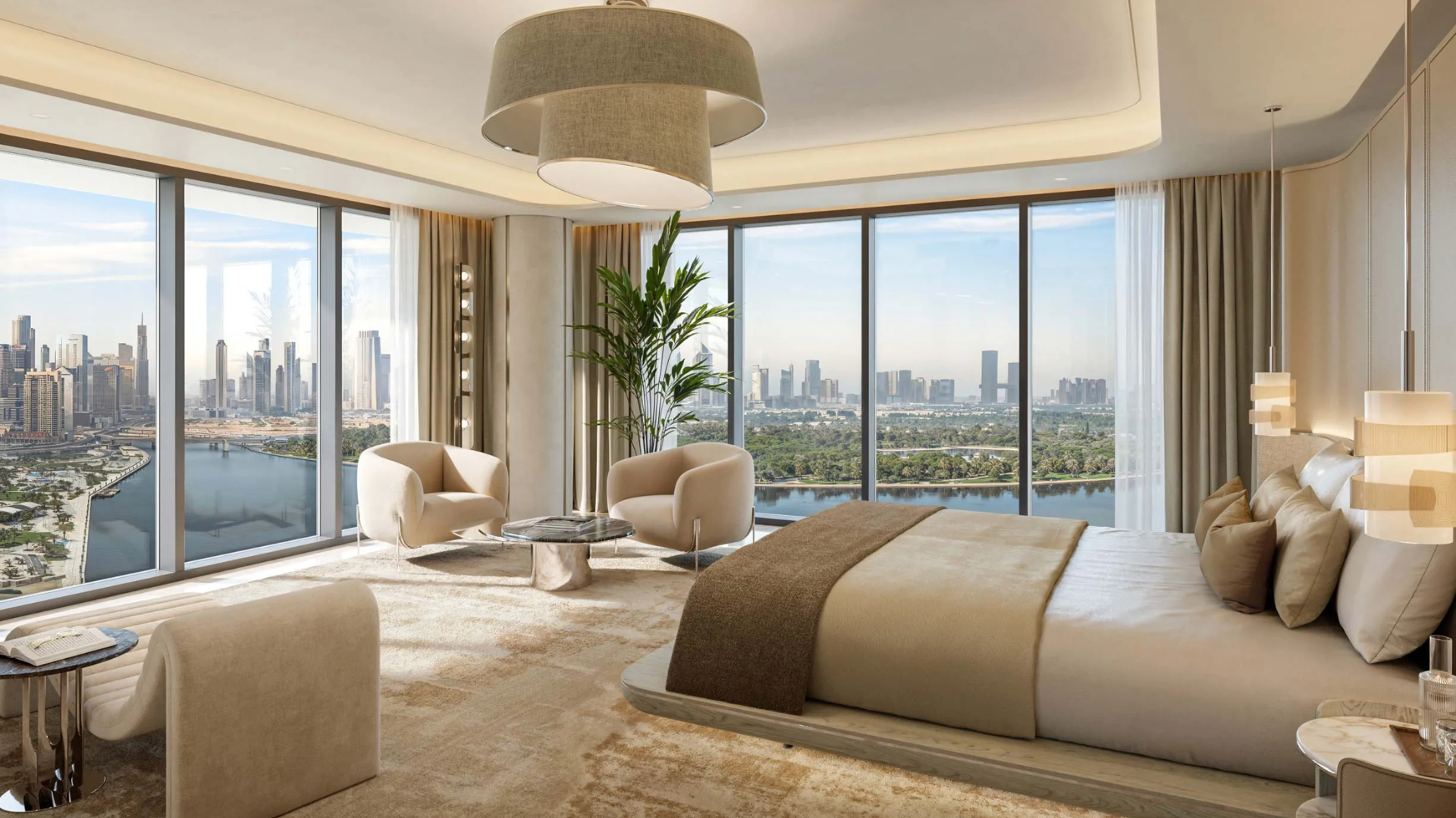 Luxury living room with double-height ceilings, a winding staircase, and vast windows overlooking the city.