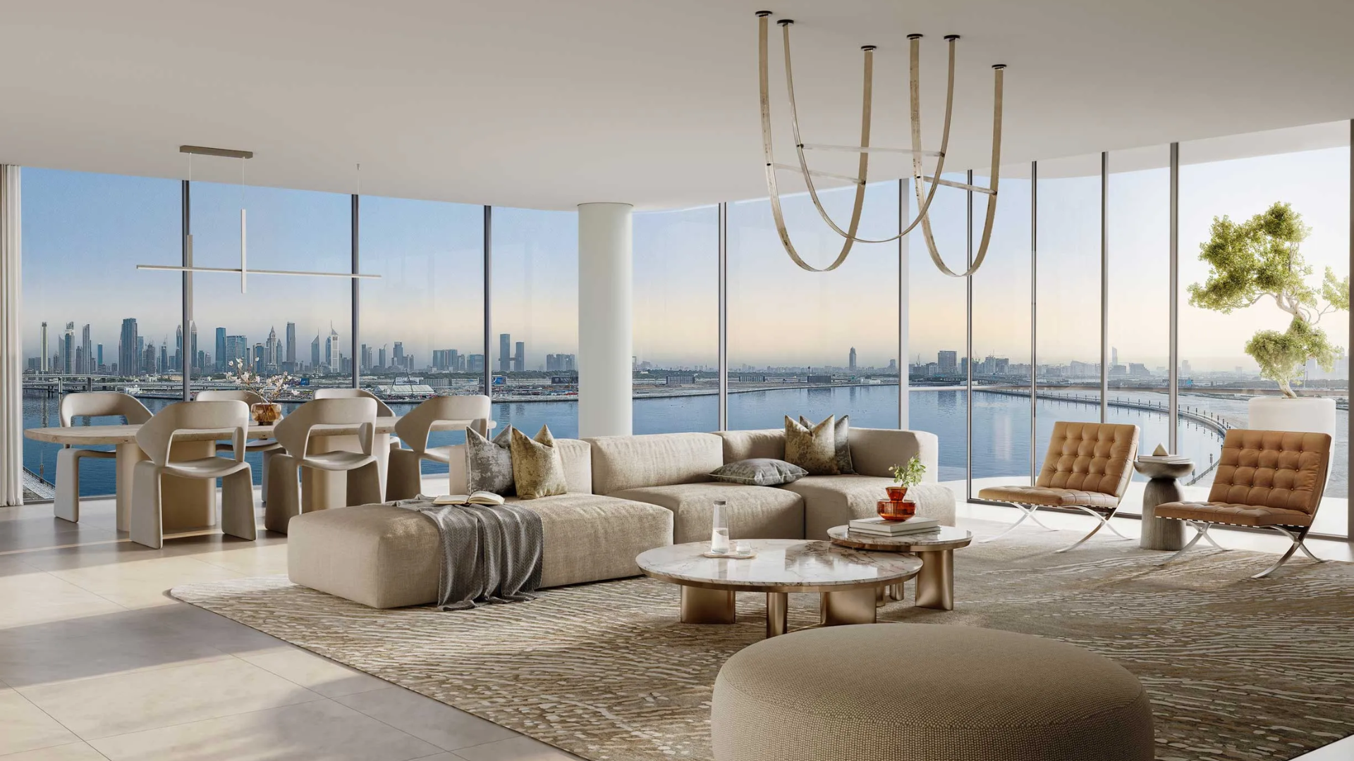 Luxury apartment interior in Dubai Design District with a sleek sectional sofa and dining area overlooking the canal and city skyline.