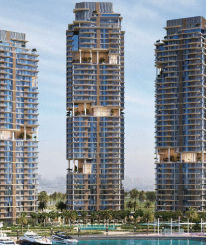 Contemporary master bedroom in The Edit at d3, featuring a modern chandelier and floor-to-ceiling windows with a city view.